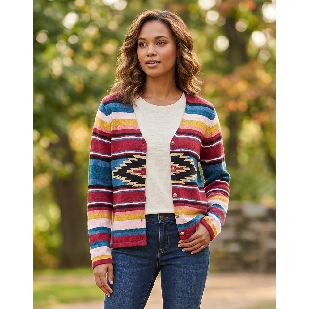 Seventh Avenue Cardigan Sweater Women's Large Southwestern Striped Preppy Travel